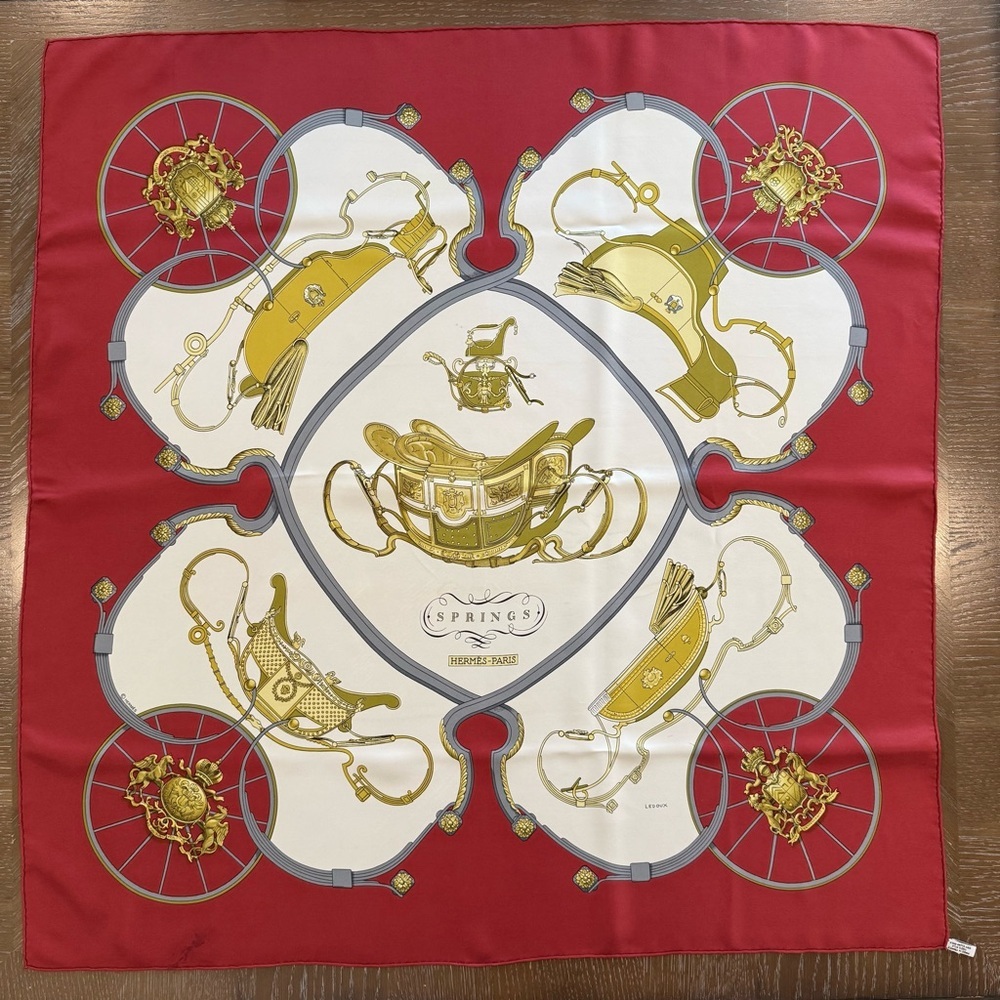 Authentic Hermes Red and Gold Springs Silk Scarf